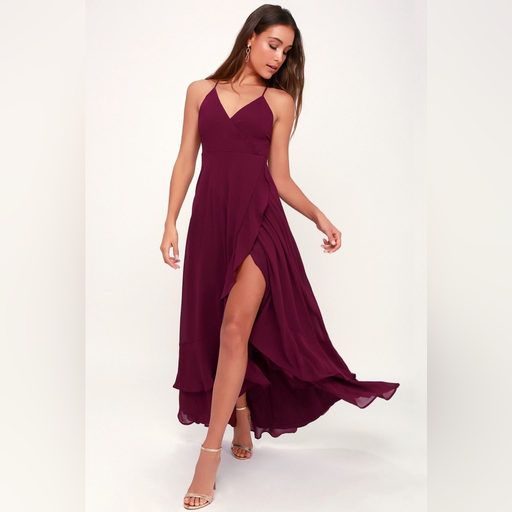 Lulus Burgundy lace up back High-low Ruffle Maxi NWOT